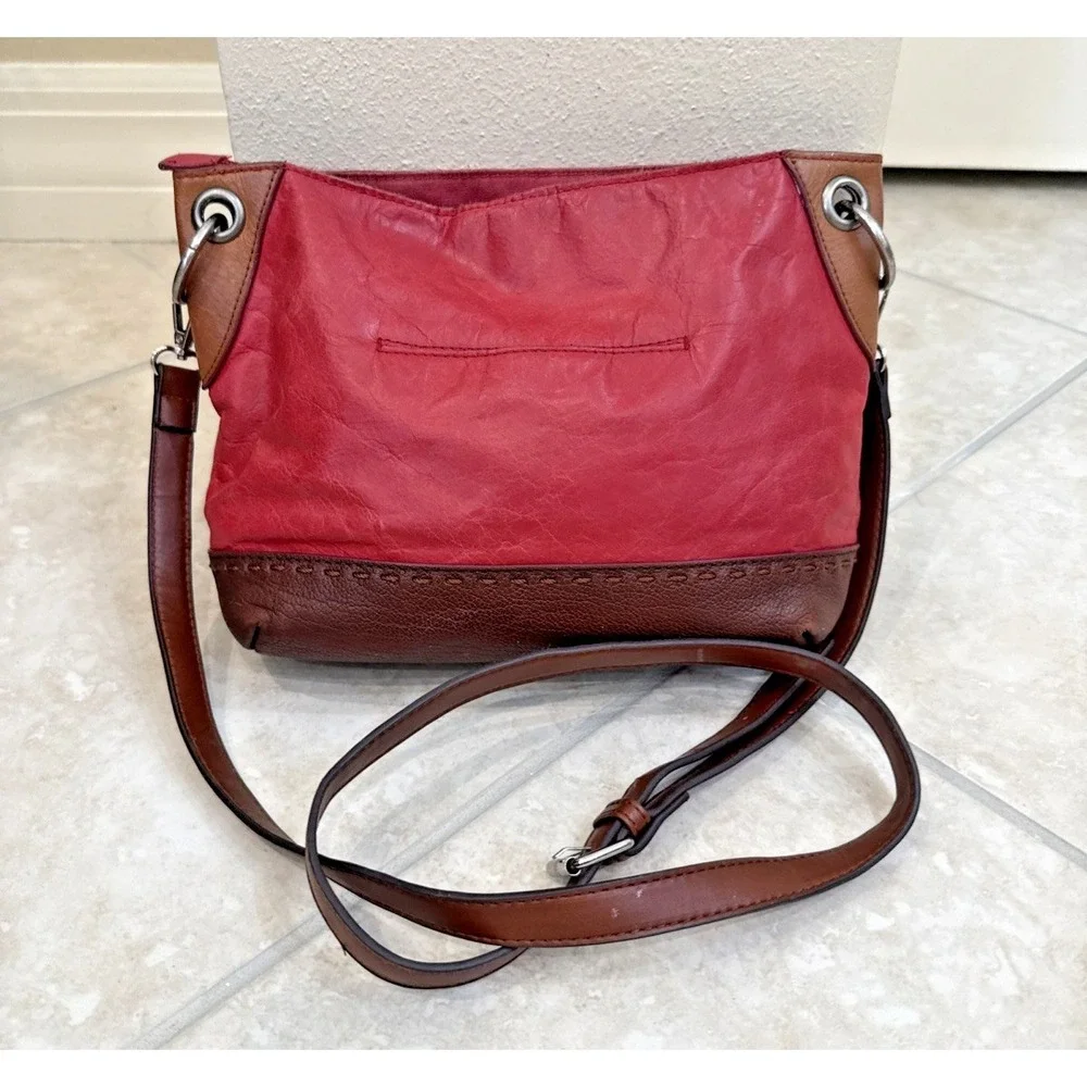 The Sak Red & Brown Leather Crossbody Shoulder Purse Bag Outside‎ pockets Boho